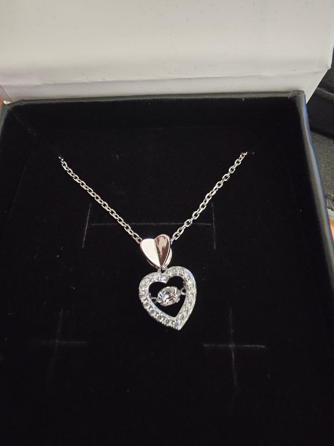 Customer photo review of Shelby 18k White Gold Plated Heart Dancing Necklace with Swarovski Crystals