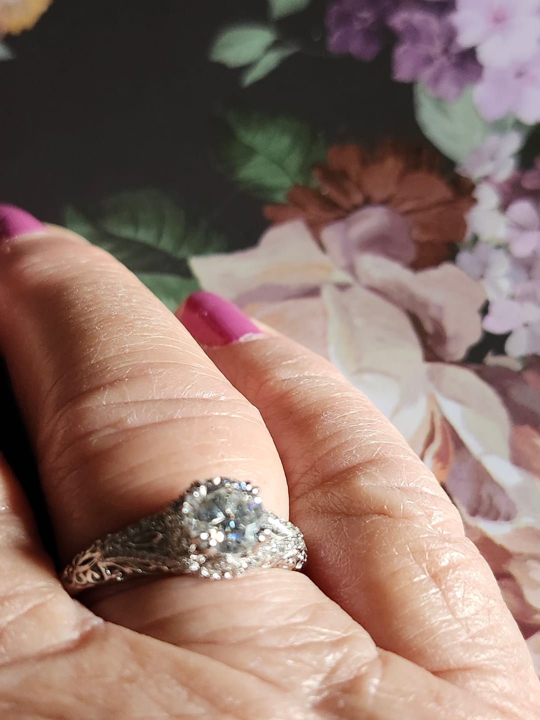 Customer photo review of Vintage Moissanite Pave Open Scroll Accents Engagement Ring