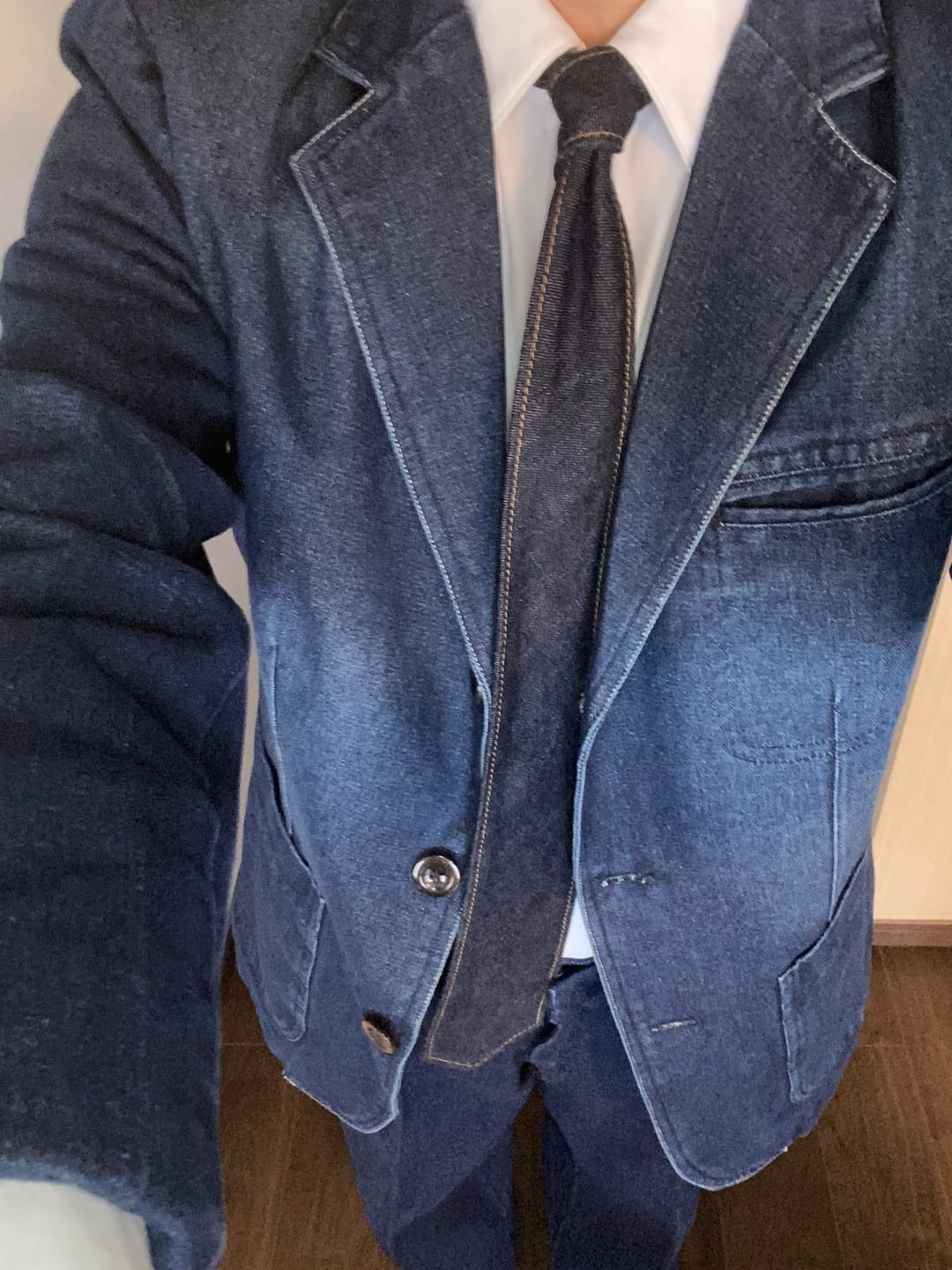 Customer photo review of 裏マルチストライプ柄　デニムブレザージャケット