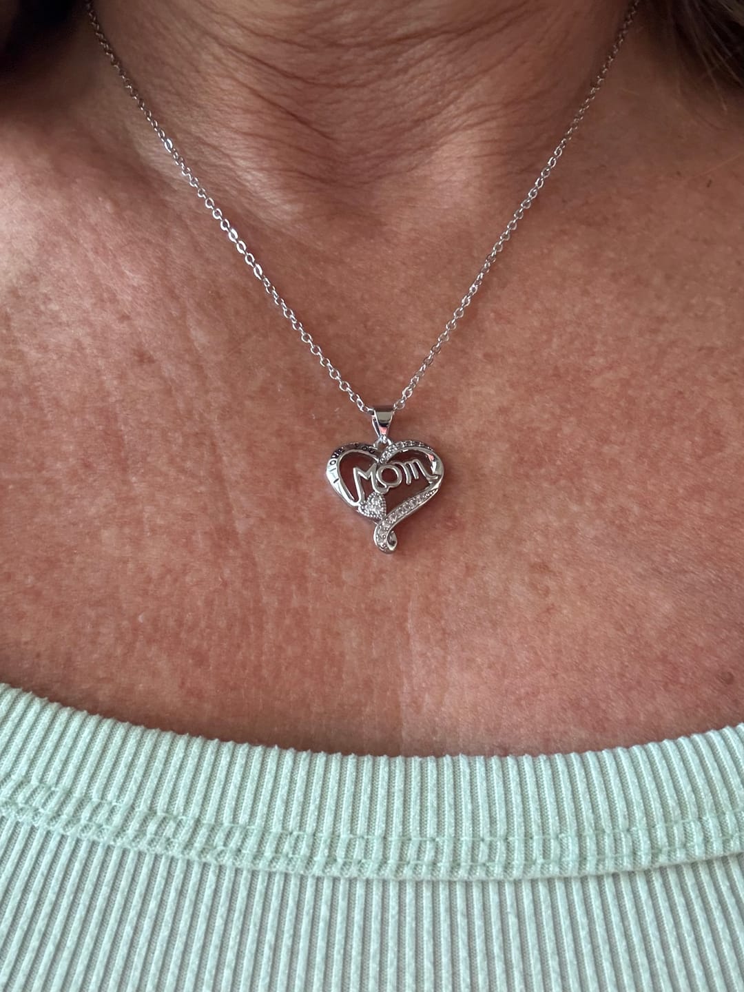 Customer photo review of Karina 18k White Gold Plated Mom Heart Pendant Necklace with Simulated Diamond Crystals
