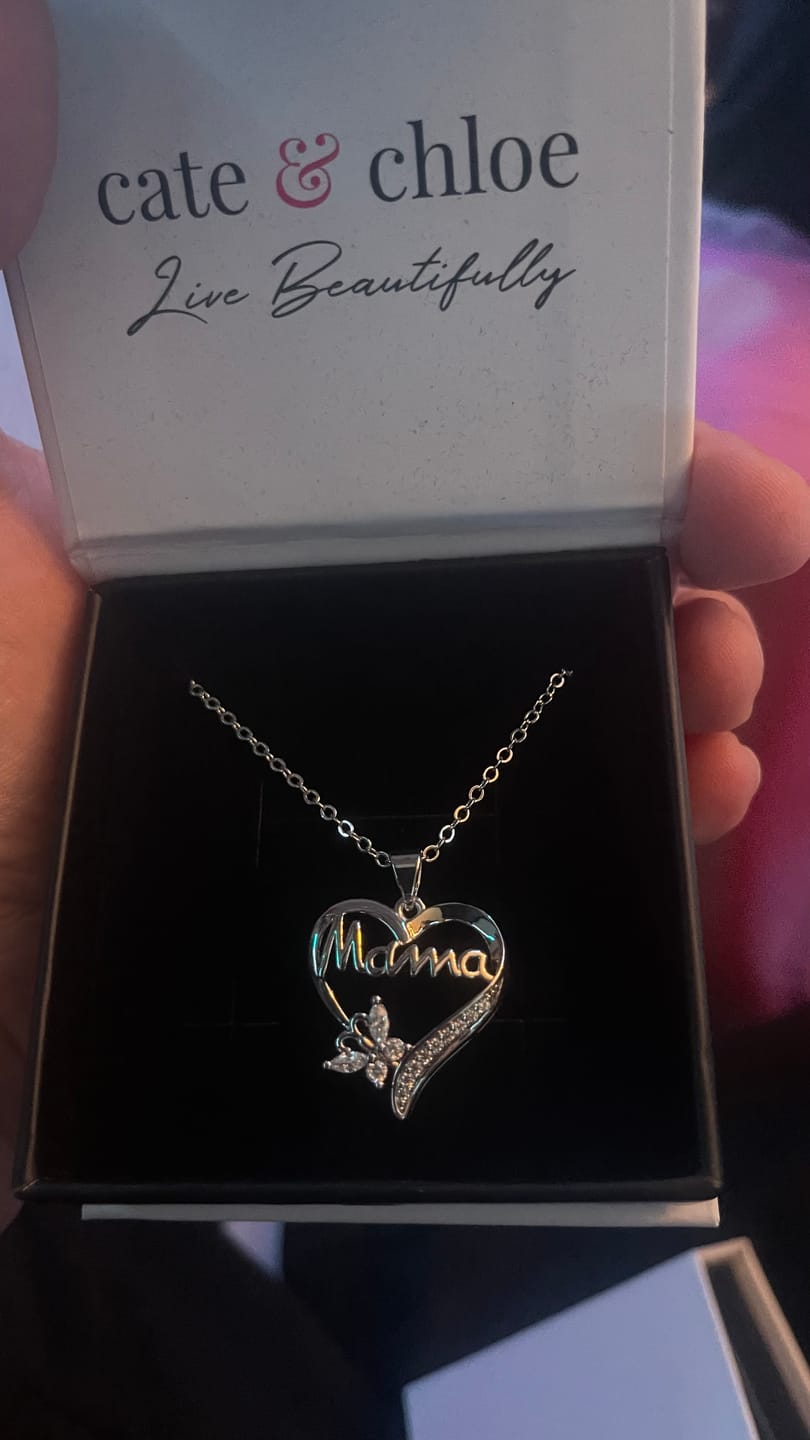 Customer photo review of Mavis 18k White Gold Plated Mama Heart Pendant Necklace with Simulated Diamond Crystals