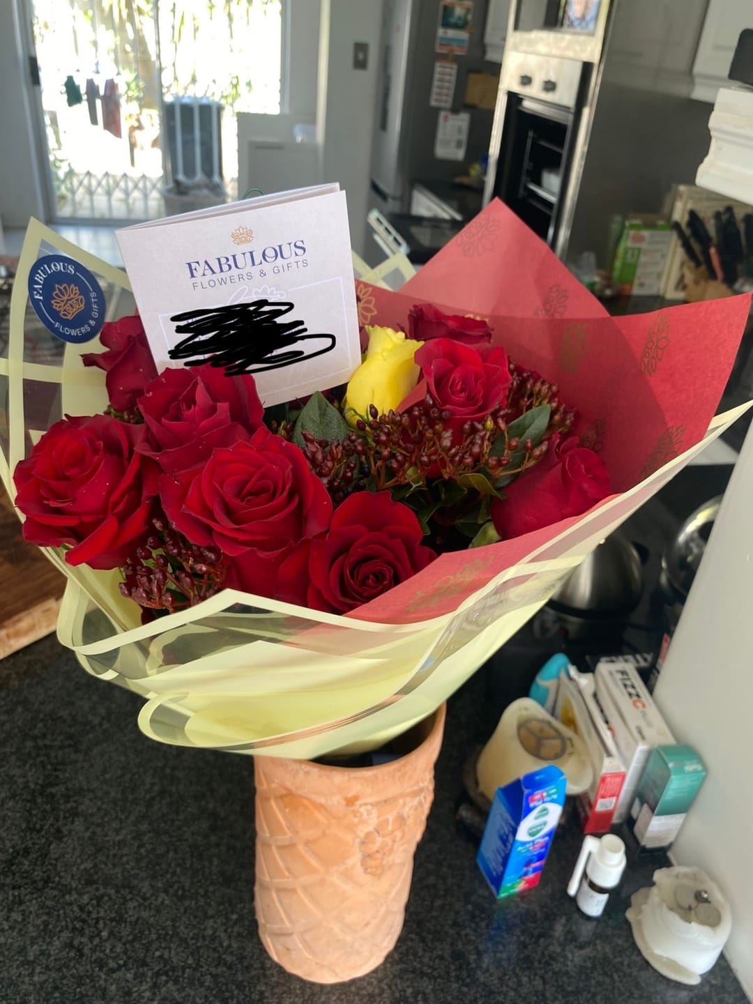 Customer photo review of Red Rose Greenery Bouquet