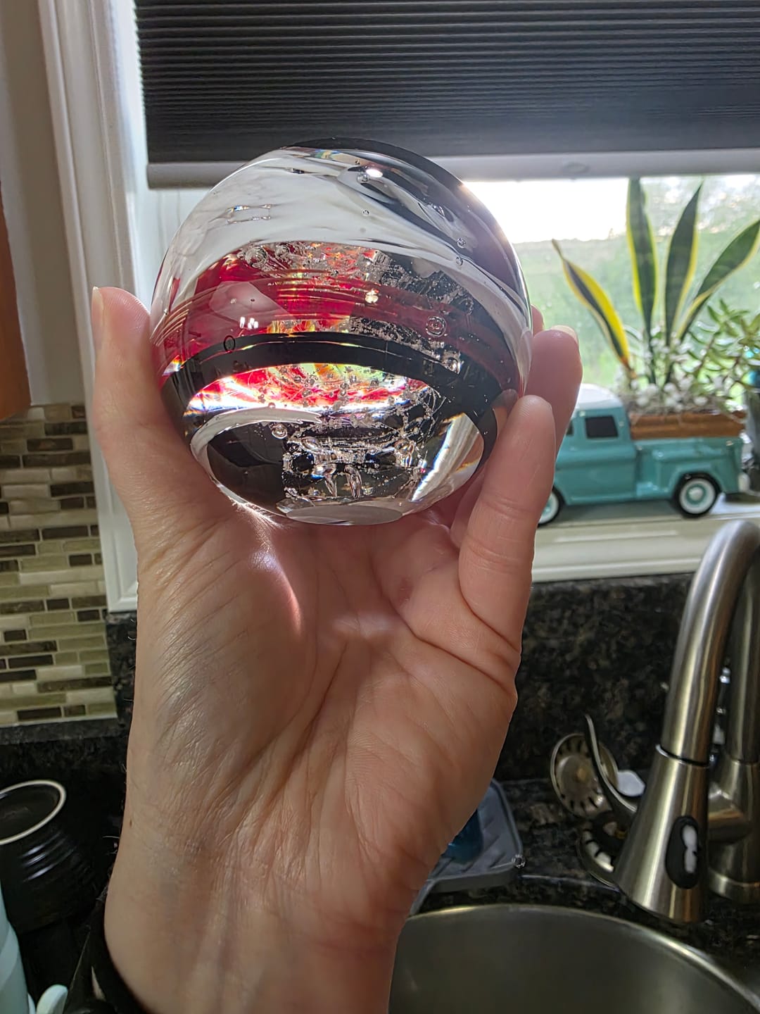 Customer photo review of Tri-Color Glimmer Orb with Cremation Ashes