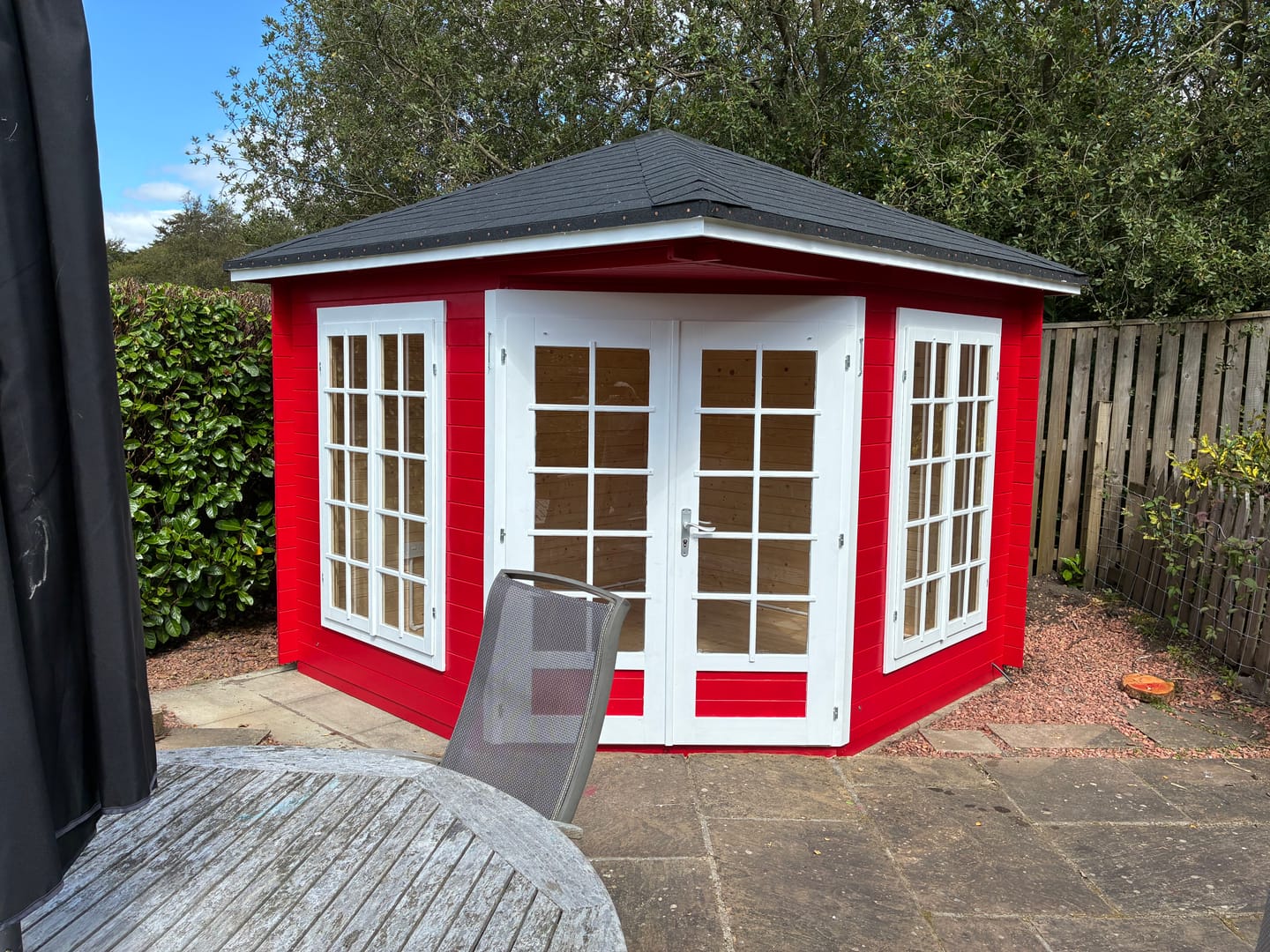 Customer photo review of Melanie S (2.8x2.8m | 7m2 | 28mm) Classic Corner Cabin Summer House