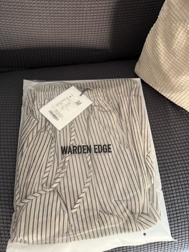 Customer photo review of WARDEN EDGE Drawstring Wide Stripe Pants in Washed Linen