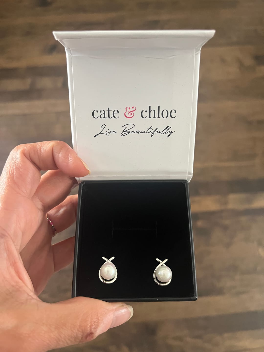 Customer photo review of Greta 18k White Gold Plated Tear drop Pearl Stud Earrings