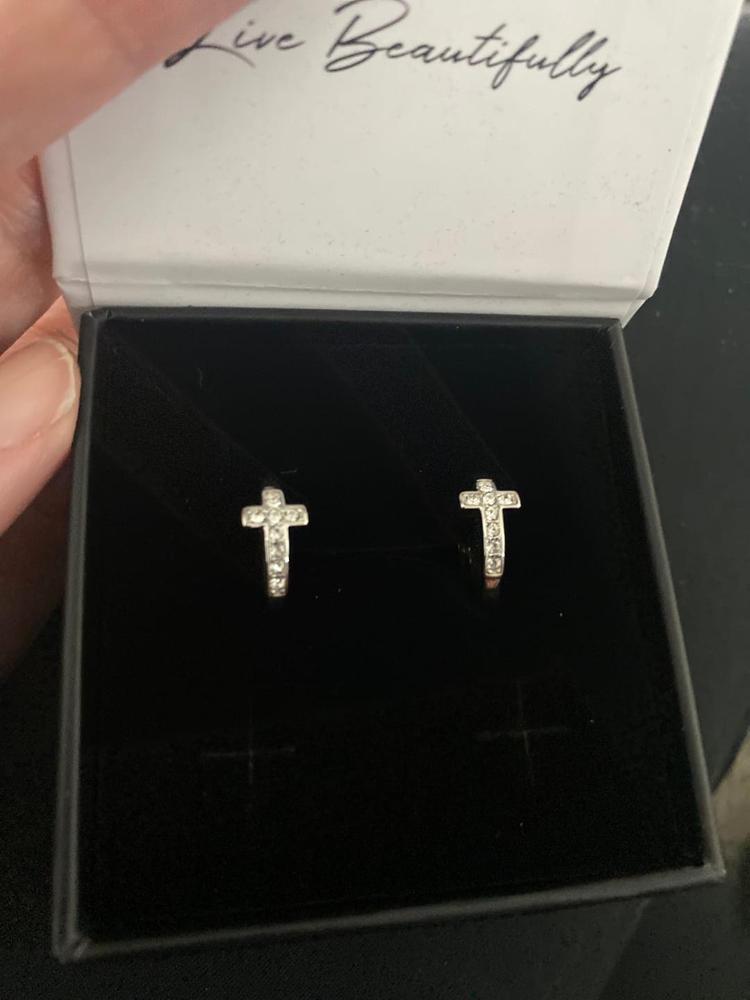Customer photo review of Danielle 18k White Gold Plated 18mm Hoop Cross Earrings with Swarovski Crystals