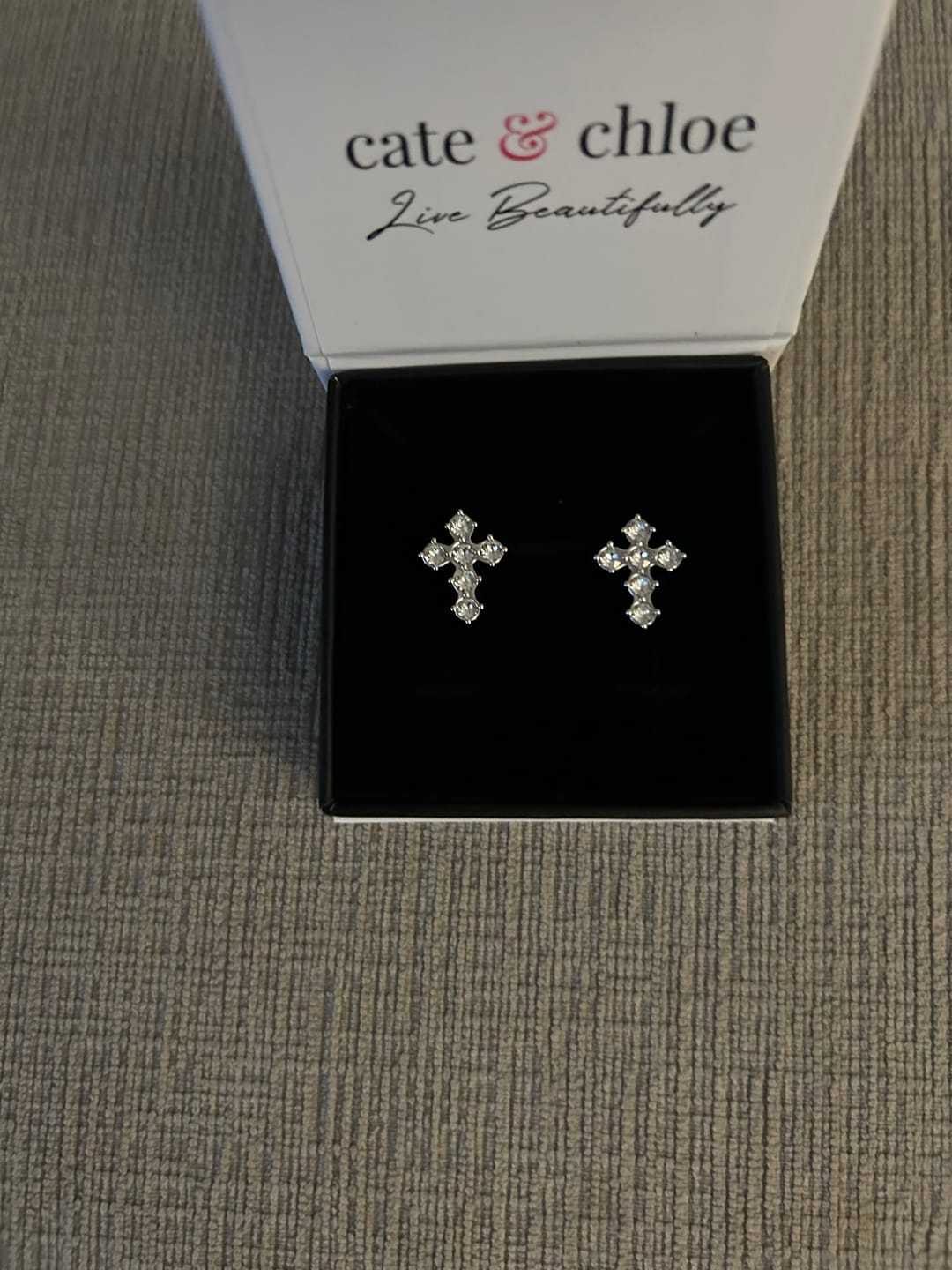 Customer photo review of Marissa 18k White Gold Plated Cross Stud Earrings with Swarovski Crystals