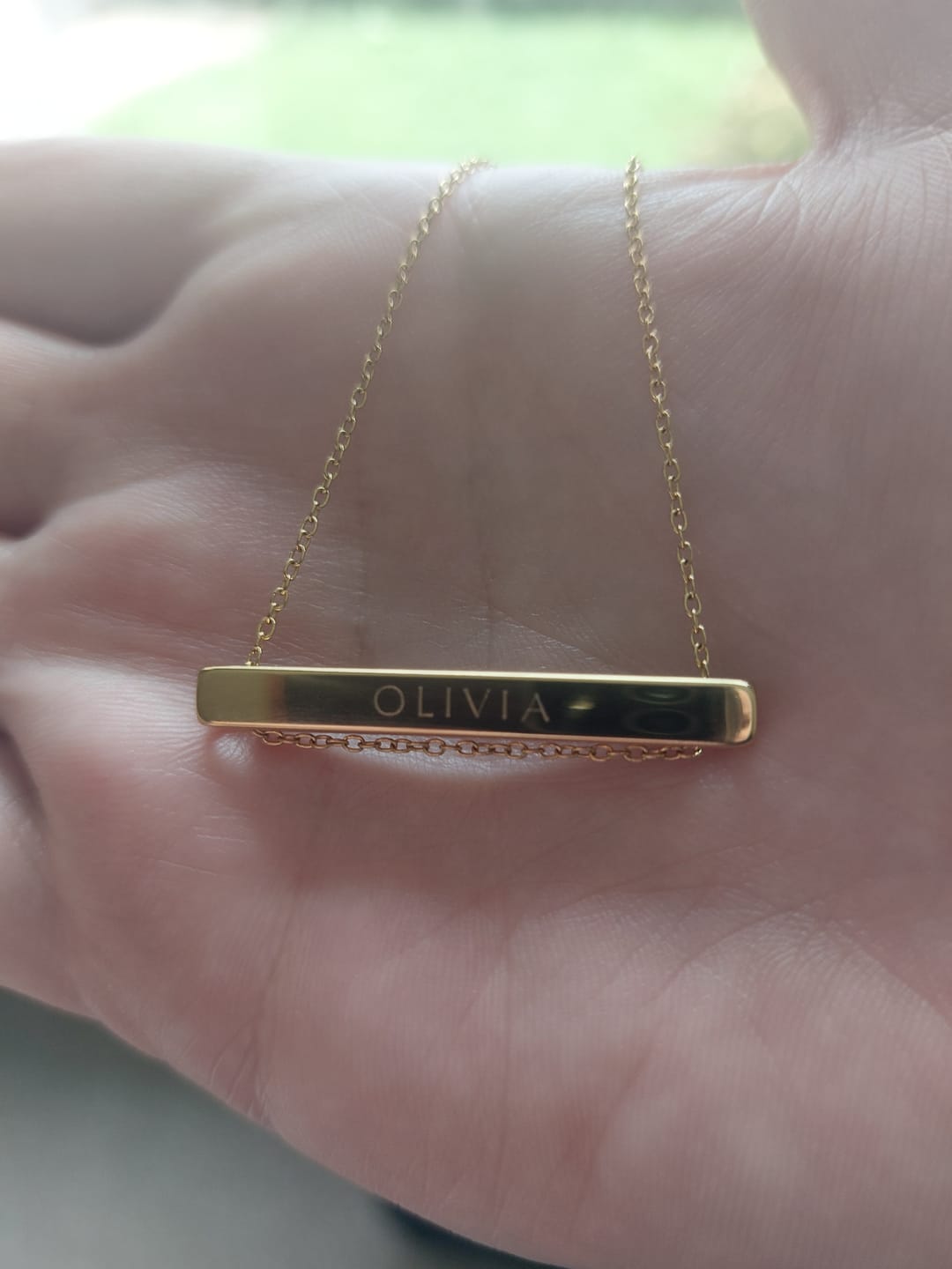 Customer photo review of 4cm Letter Bar Necklace in Gold Horizontal