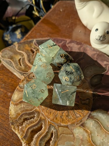 Customer photo review of URWizards D&D Prehnite Gemstone Engraved Dice Set(Limited edition)