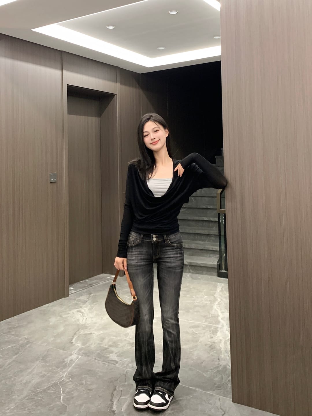 Customer photo review of IAMXIAA Low Rise Washed Flare Jeans with Distressed Fade