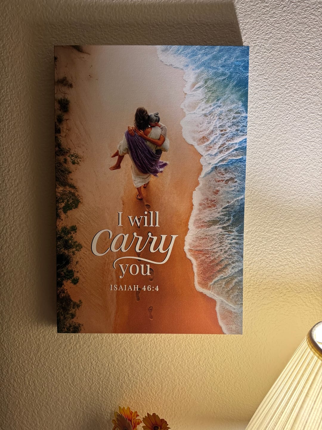 Customer photo review of I Will Carry You – Jesus Carrying a Woman – Isaiah 46:4 Christian Canvas Wall Art