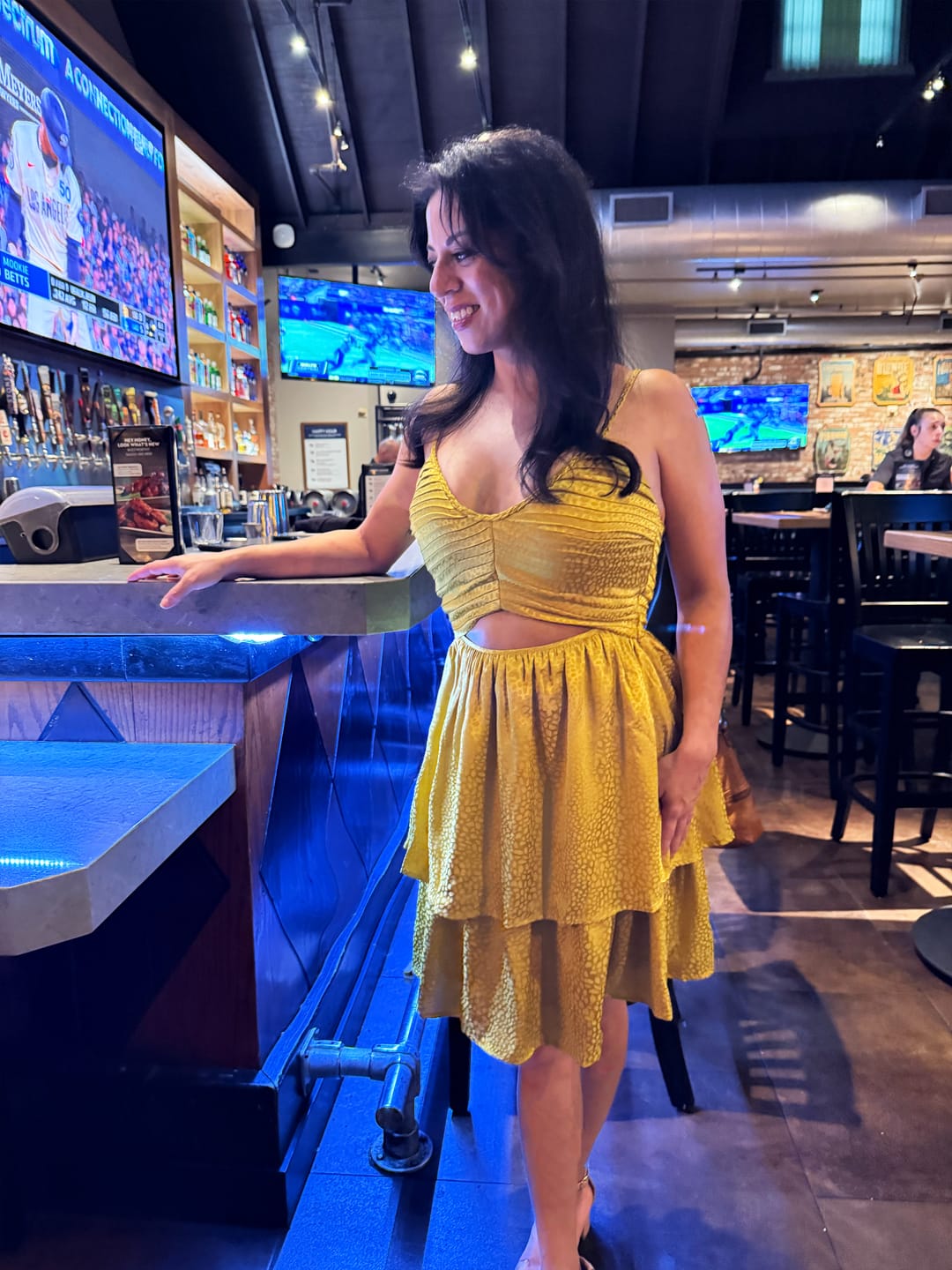 Customer photo review of Charis Pleat Bodice Tiered Mini Dress