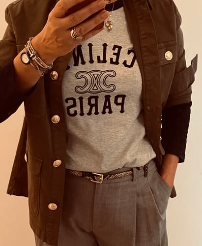 Customer photo review of Celine 25 Flocked T-shirt Gray mix Navy Blue Cotton