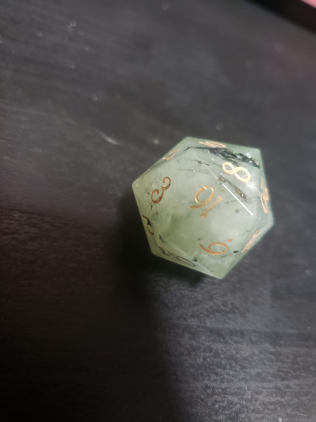 Customer photo review of URWizards D&D Prehnite Gemstone Engraved Dice Set(Limited edition)