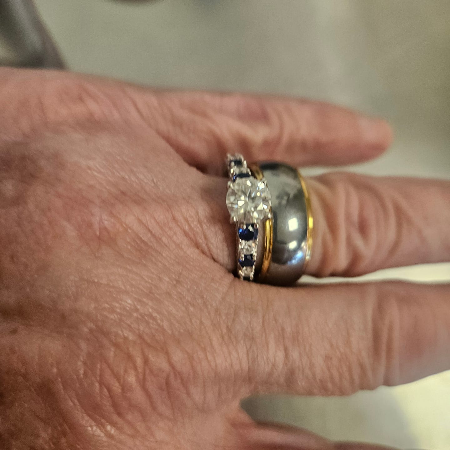Customer photo review of Round Moissanite With Sapphire Pave Engagement Ring