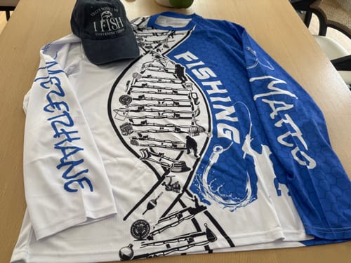 Customer photo review of Custom Blue And White Fishing Tools Fishing DNA Long Sleeve Tournament Fishing Shirts IPHW9177