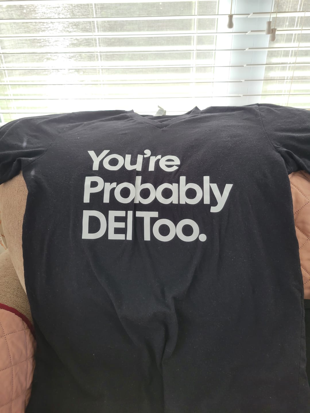 Customer photo review of You're Probably DEI Too *BLACK V-NECK* Unisex Tee (Front and Back Design Print)
