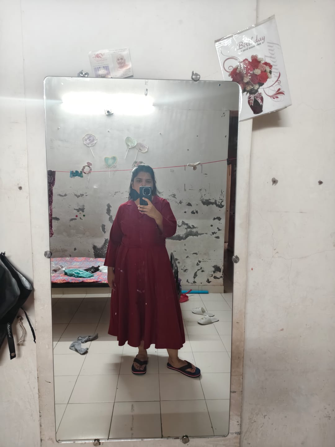Customer photo review of Women Maroon Airy Linen Flared Dress