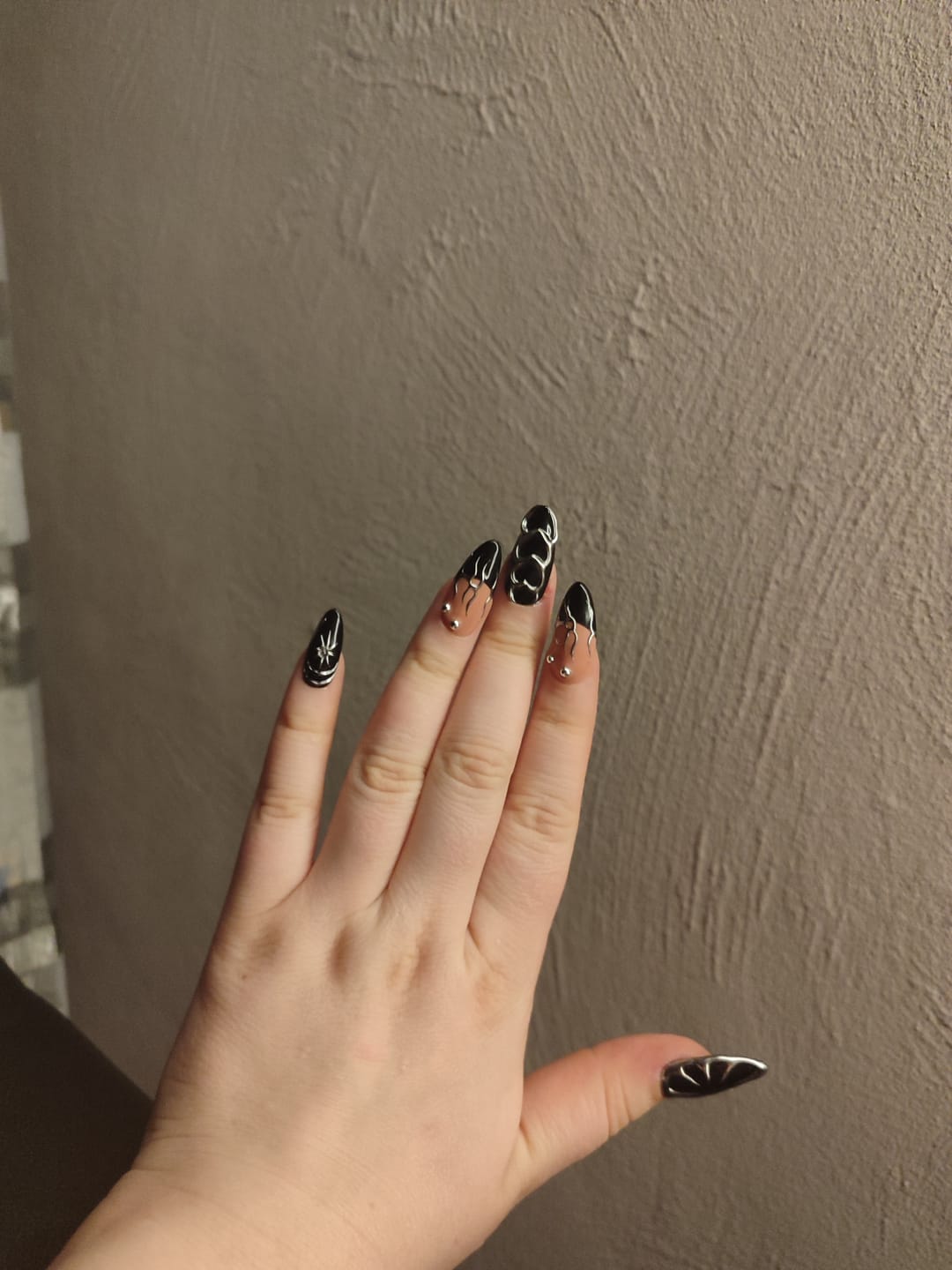 Customer photo review of Black Press On Nails, Gothic Punk Rock Nails, Goth Silver Mirror Effect With Nude French DarkNailz