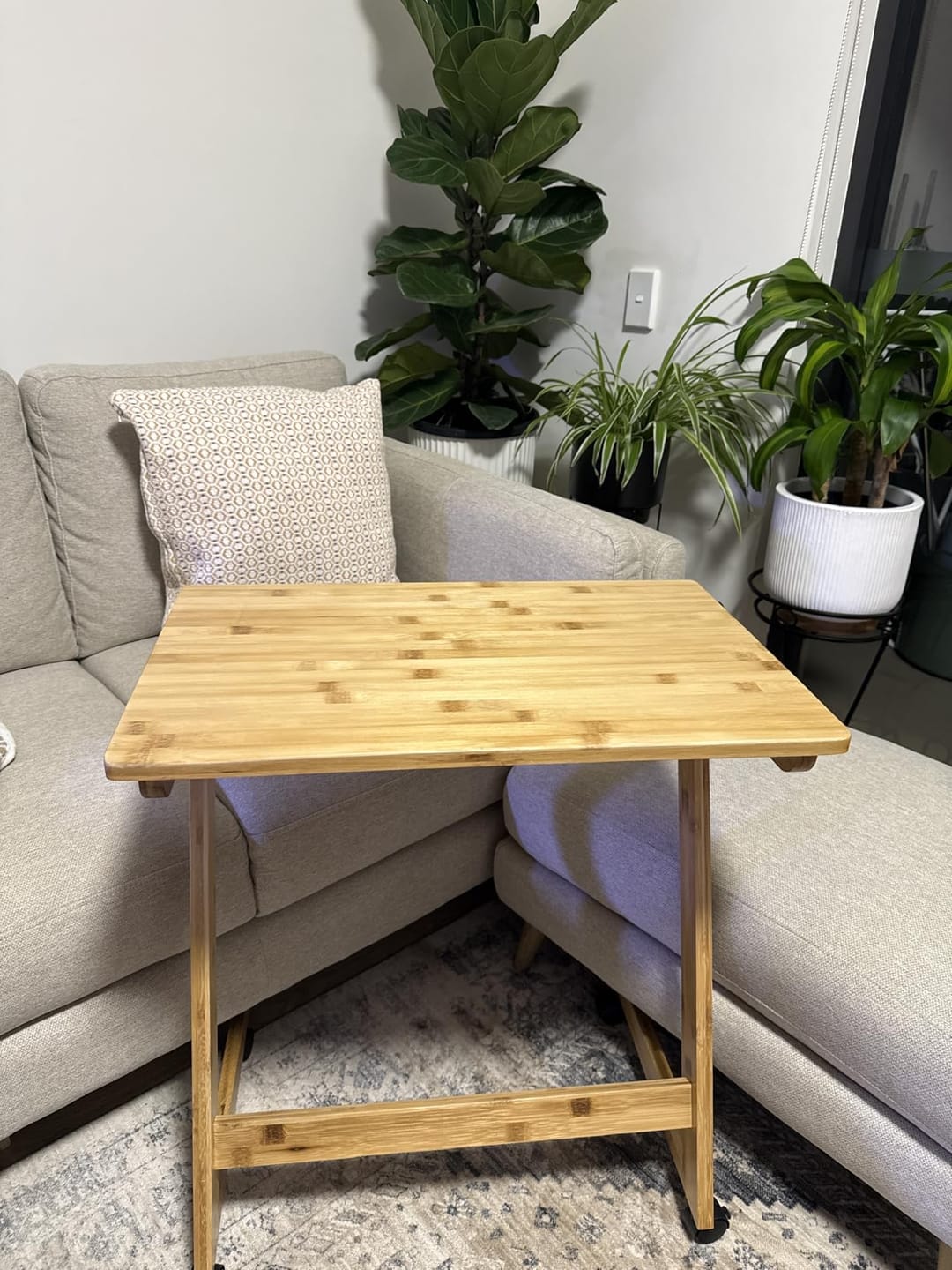 Customer photo review of Bamboo TV Tray Table with Wheels (Z Shape)