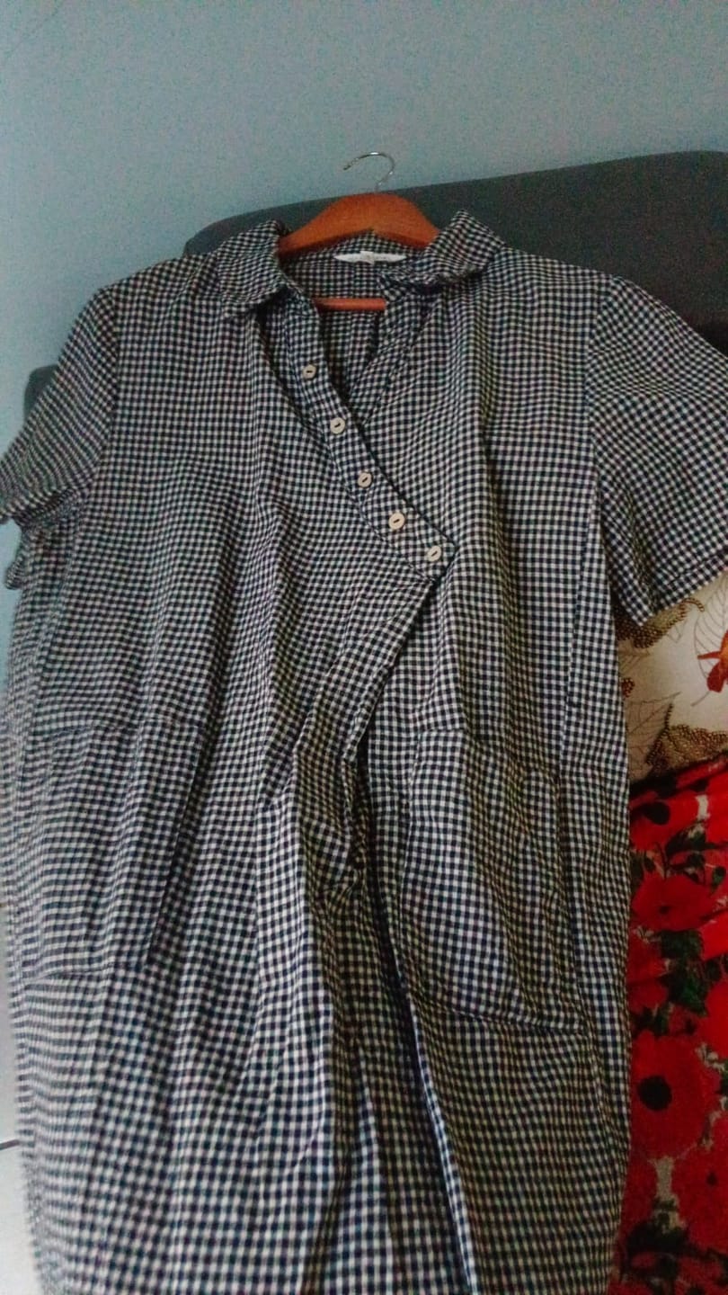 Customer photo review of Plus Size Women Casual Plaid Slant Closure Button Loose Dress