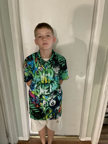 Customer photo review of Maxcorners Billiard Ball 8 Graffiti Pattern Never Give Up Multicolor Options Personalized Name, Team Name 3D Polo Shirt For Gerald