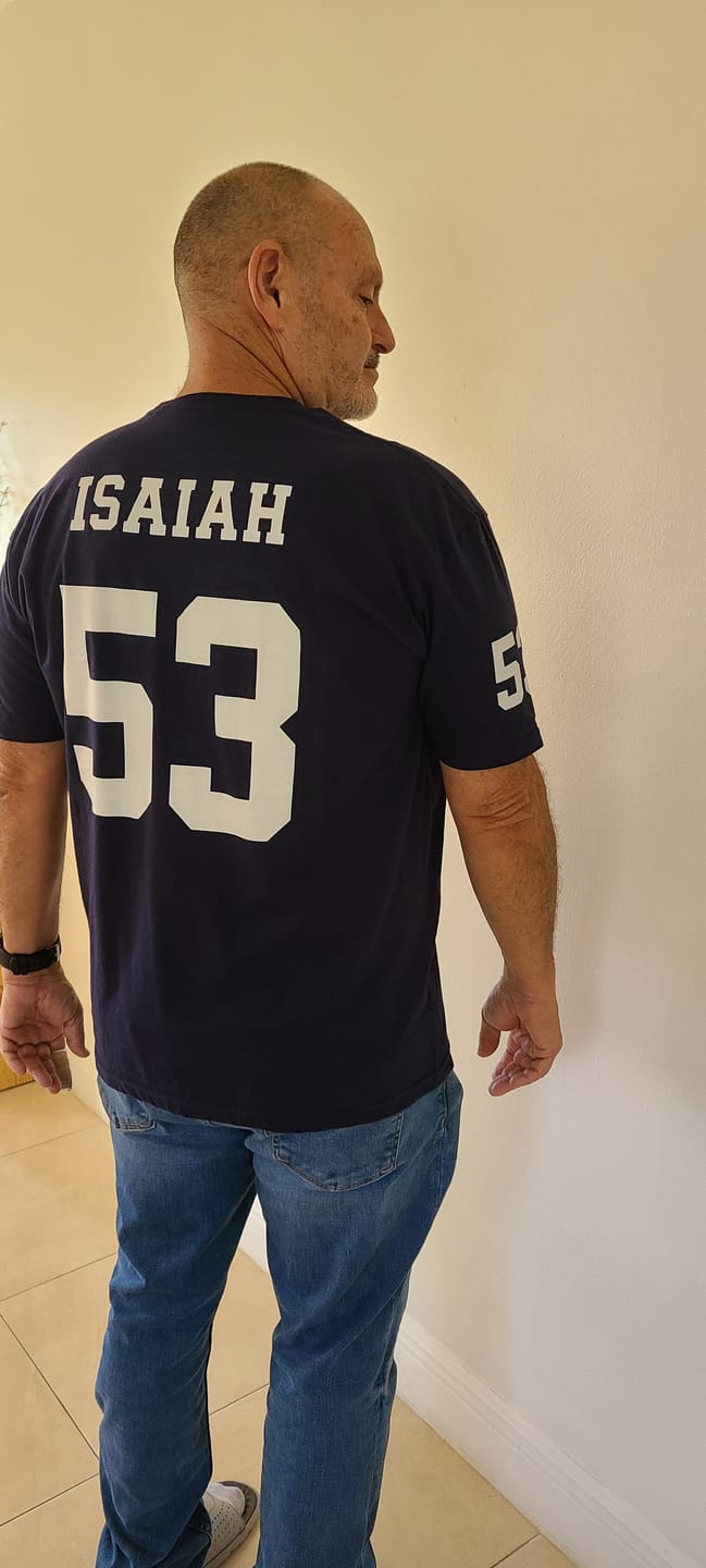 Customer photo review of ISAIAH 53 – American Football Jersey Style T-Shirt