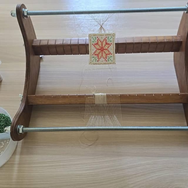 Customer photo review of Dark Wooden Loom for LONG seed beadwork weaving
