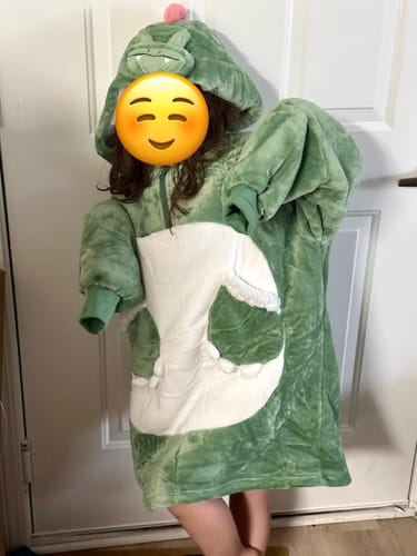 Customer photo review of Kids OLAOLA Green Dinosaur Wearable Blanket Hoodie Animals Onesie Oversized Soft Homewear With Giant Pocket