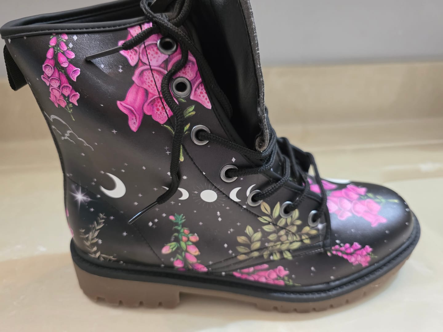 Customer photo review of Foxgloves and Crescent Moons on Black Vegan Leather Combat Boots
