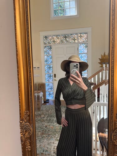 Customer photo review of Zoe Pinstripe Elastic Wrap Satin Top | Khaki