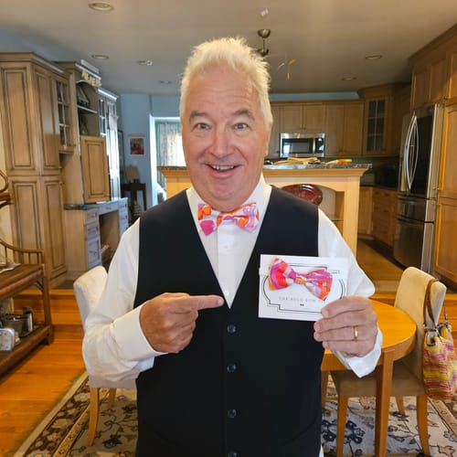 Customer photo review of Bow Tie in Orange & Pink- Wildflower Wedding Bowtie