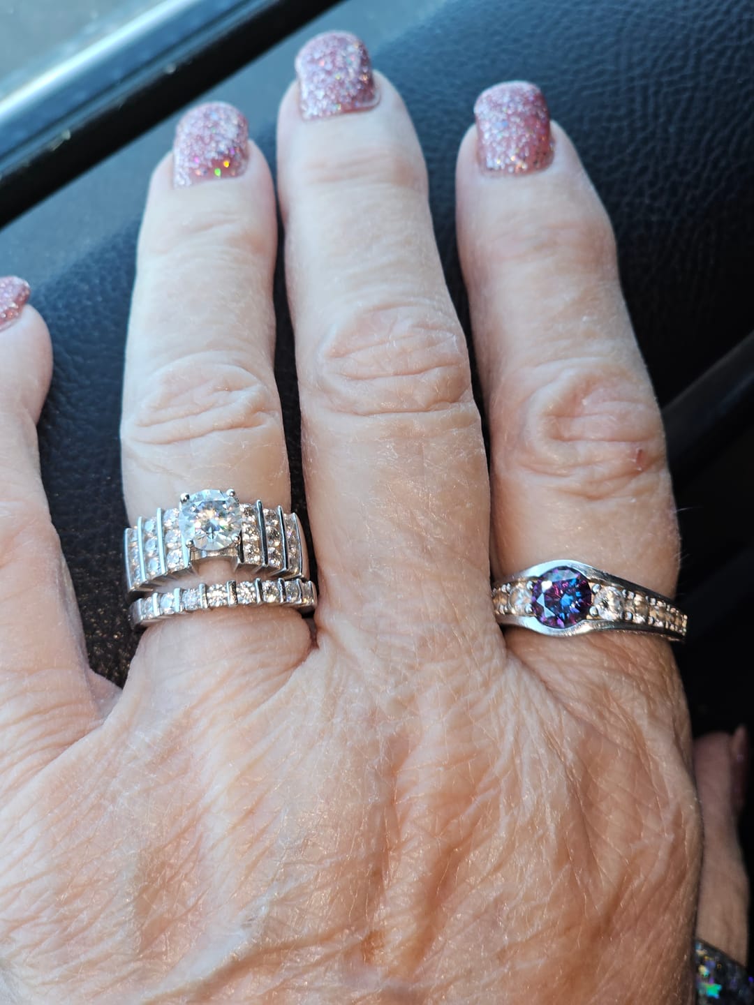 Customer photo review of Moissanite With Bar Set Accents Bridal Engagement Ring Set