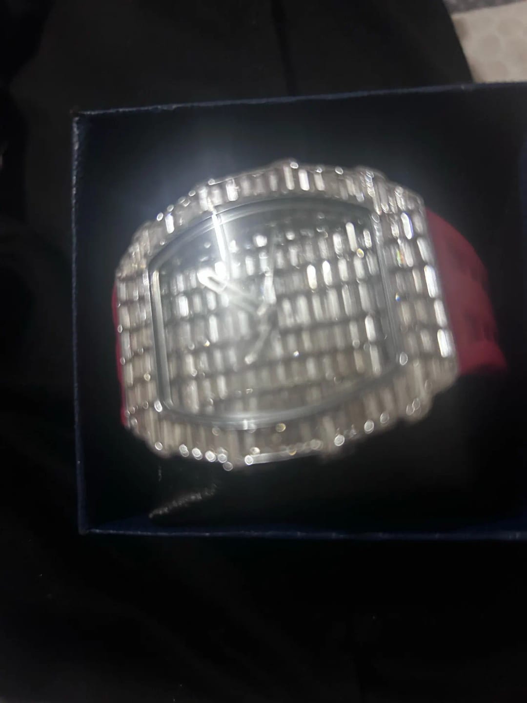 Customer photo review of Tonneau Diamond Dial Red Rubber Strap — Silver | KIMLUD