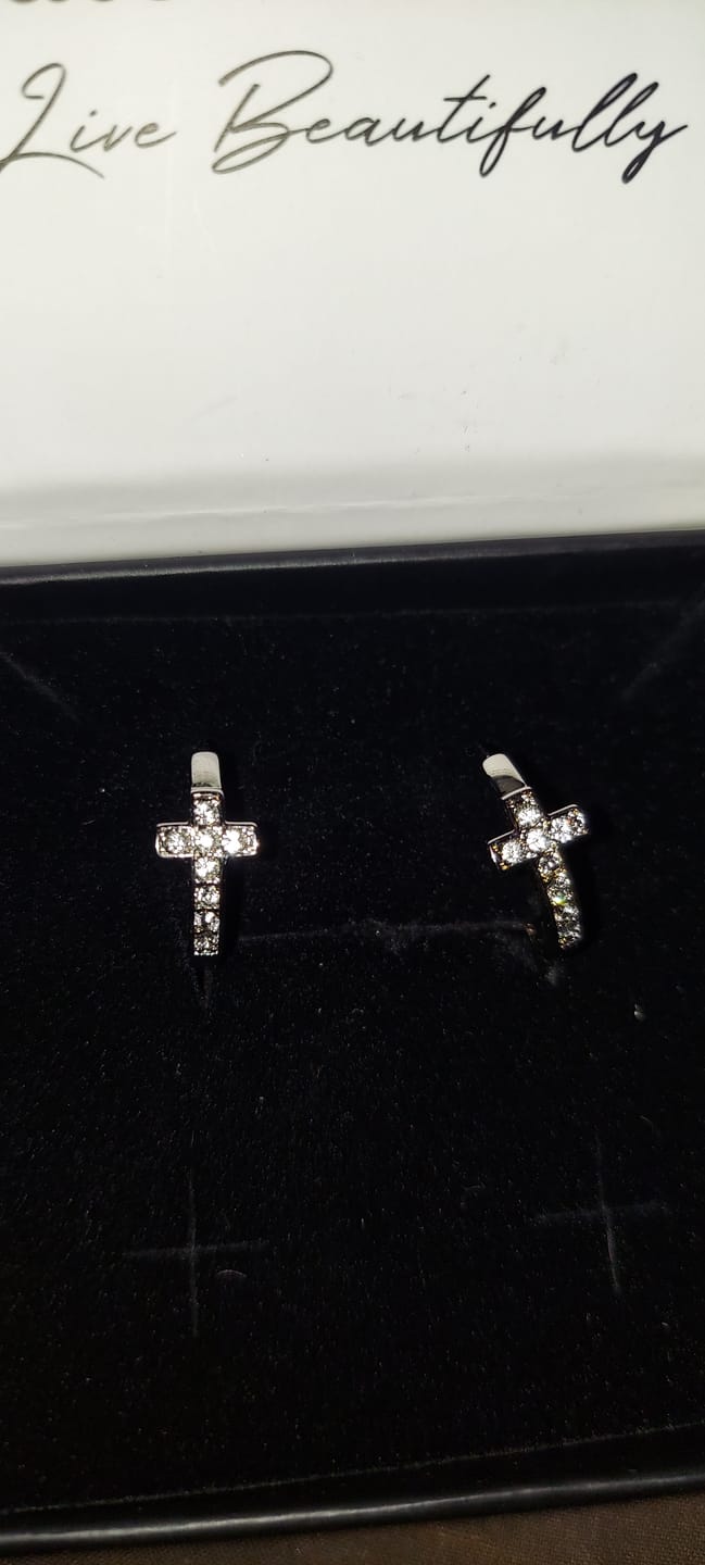 Customer photo review of Danielle 18k White Gold Plated 18mm Hoop Cross Earrings with Swarovski Crystals
