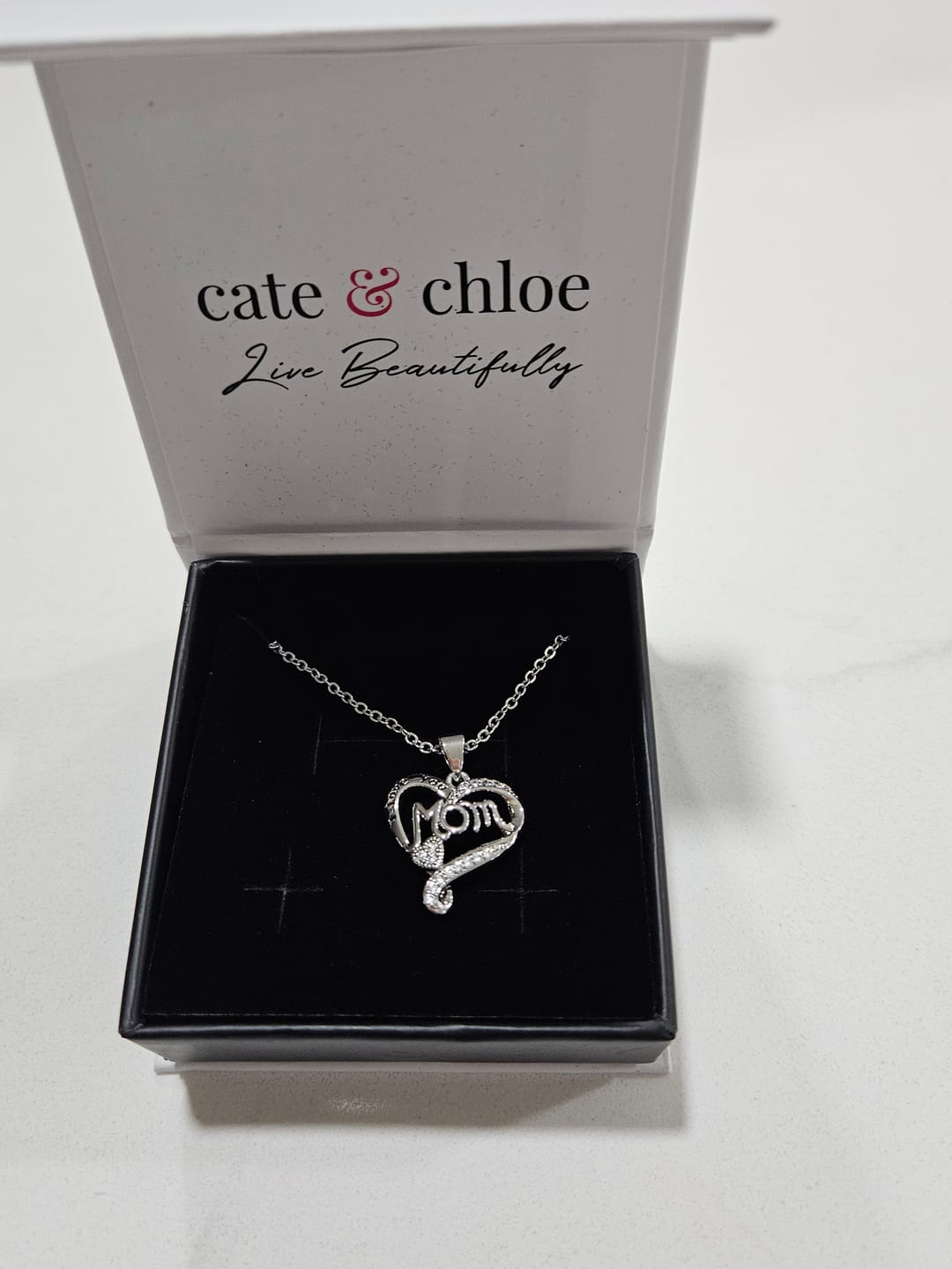 Customer photo review of Karina 18k White Gold Plated Mom Heart Pendant Necklace with Simulated Diamond Crystals