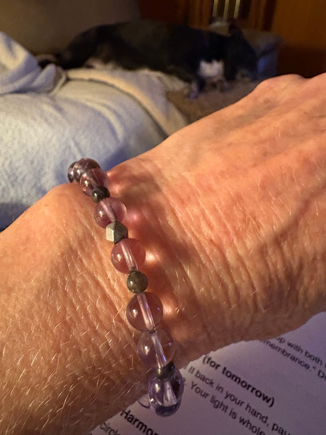 Customer photo review of Lilac Amethyst and Black Labradorite Stretch Bracelet - Artisan Made