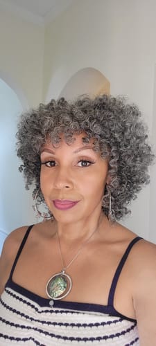 Customer photo review of Luvwin Salt And Pepper Ringlet Curls Wig With Bangs