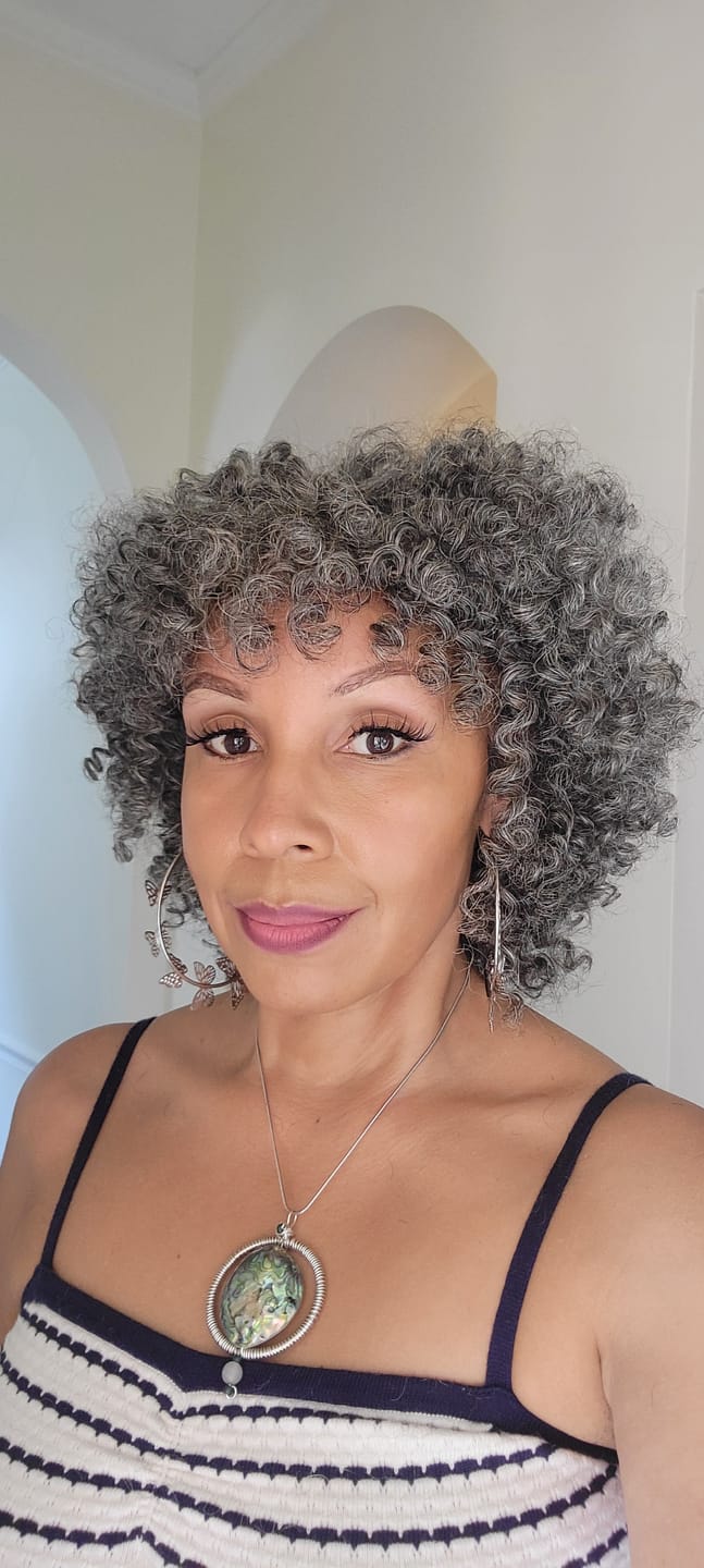 Customer photo review of Luvwin Salt And Pepper Ringlet Curls Wig With Bangs