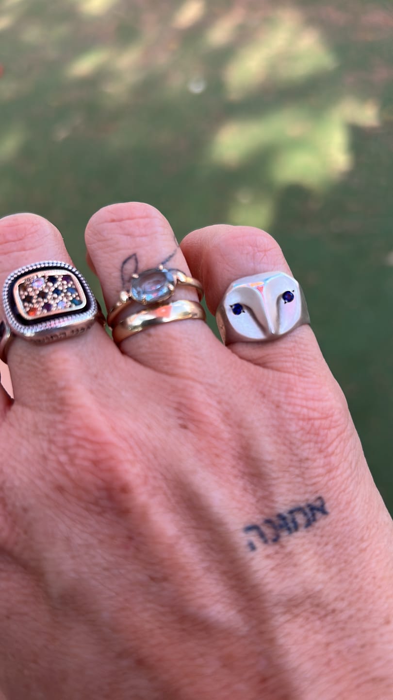 Customer photo review of Owl Ring with Sapphire Eyes