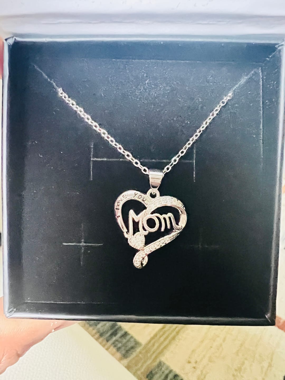 Customer photo review of Karina 18k White Gold Plated Mom Heart Pendant Necklace with Simulated Diamond Crystals