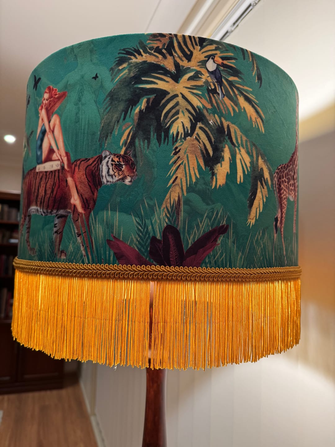 Customer photo review of Queen K Jungle Walk Green Tassel Fringed Drum Lampshade