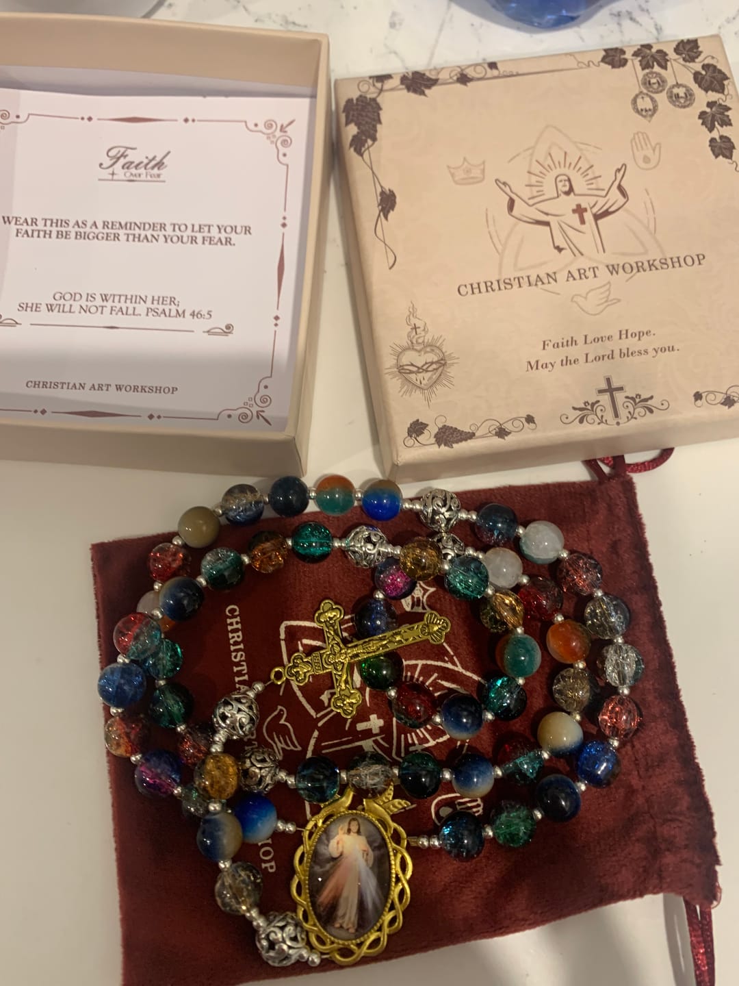 Customer photo review of FREE Today: Gradient Multicolor Glass Bead & Brass Crucifix Rosary with Divine Mercy Medal