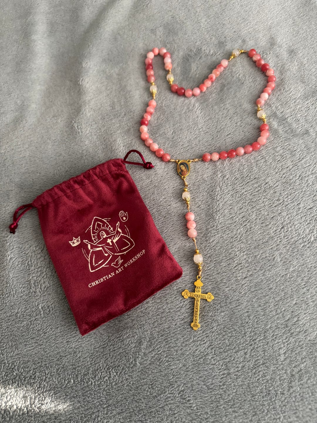 Customer photo review of FREE Today: Handmade Pink Persian Jade Rosary with Brass Crucifix and Our Lady Charm
