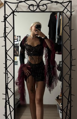 Customer photo review of Rivet metal chain lace PU leather beaded shrug 3 piece mini skirt set