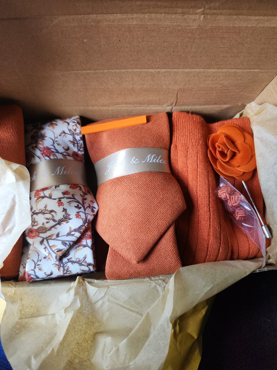 Customer photo review of Summer Orange Tie and Sock Groom Set
