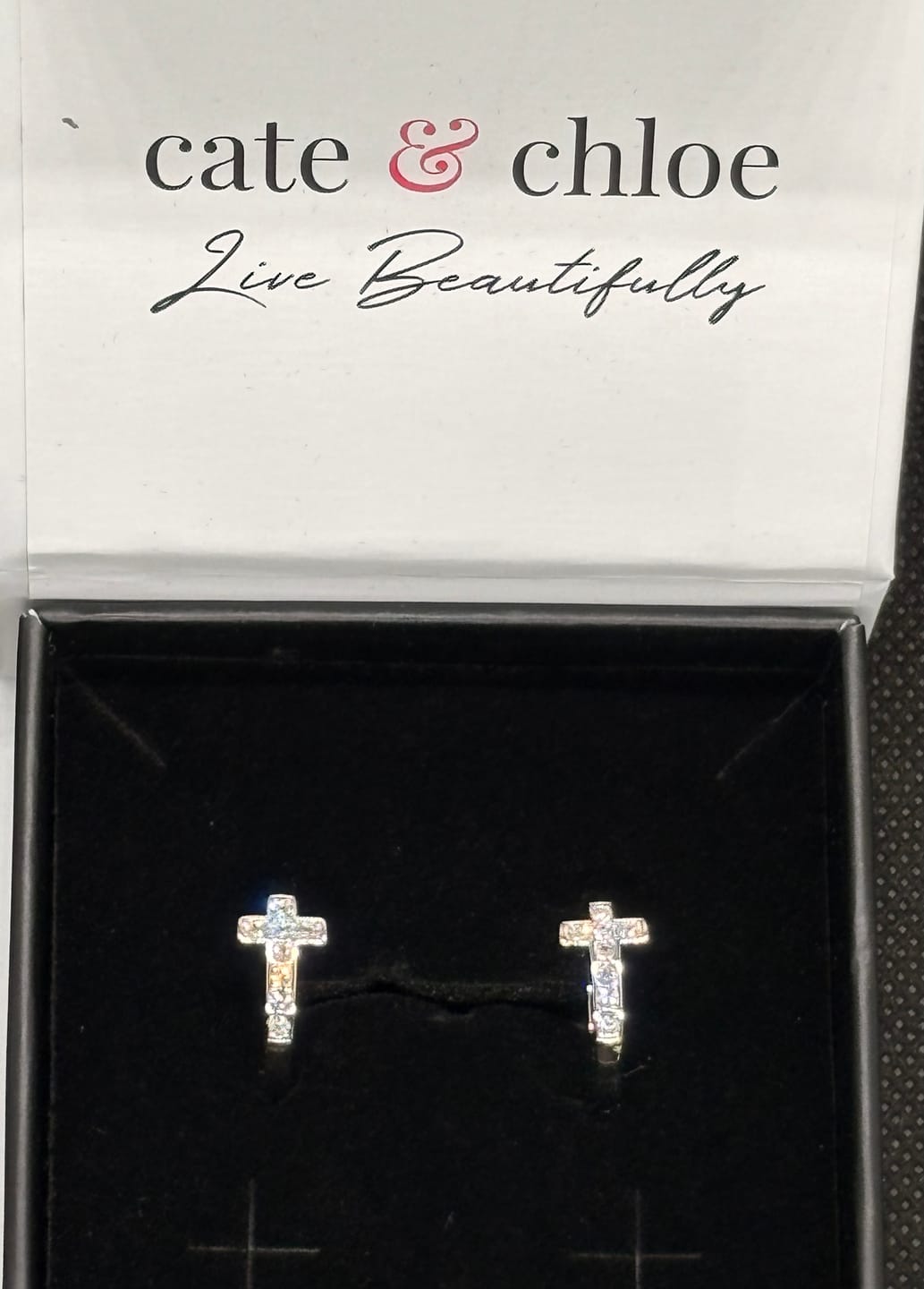 Customer photo review of Danielle 18k White Gold Plated 18mm Hoop Cross Earrings with Swarovski Crystals