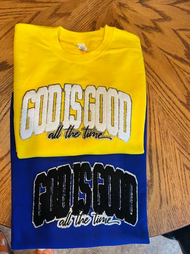 Customer photo review of Pink God is Good All the Time Chenille Patch