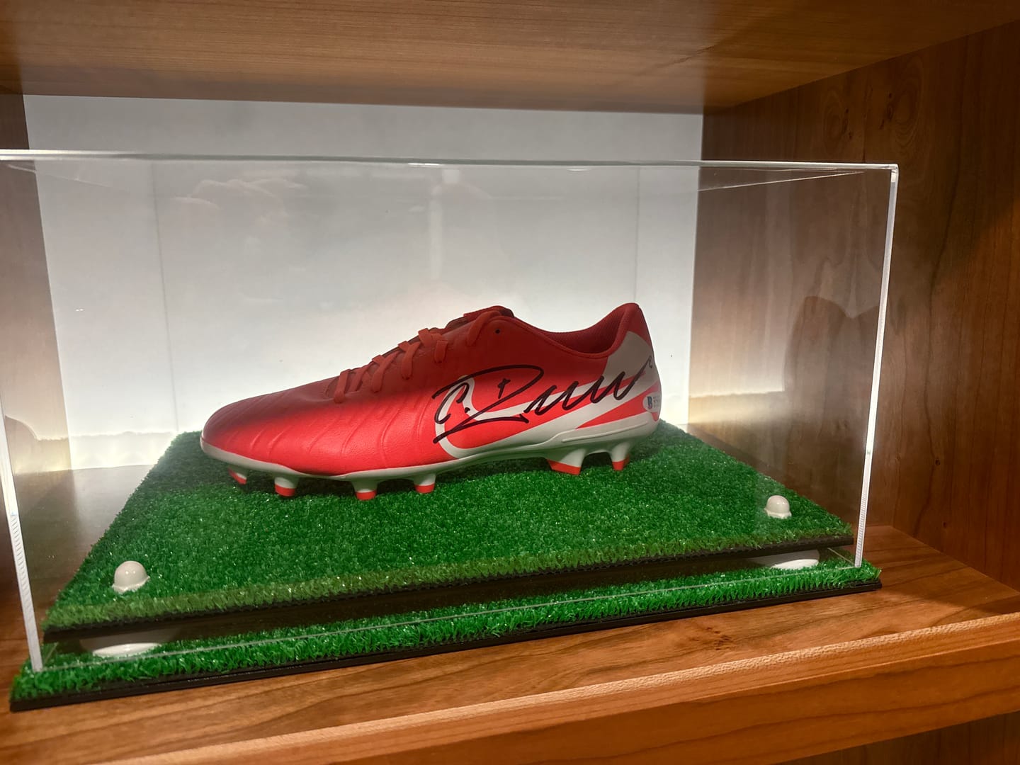 Customer photo review of Large Display Case for Small Basketball High Top Shoes, Sneaker(s), Lacrosse, Soccer, & Football Cleats with Clear Case No Wall Mount